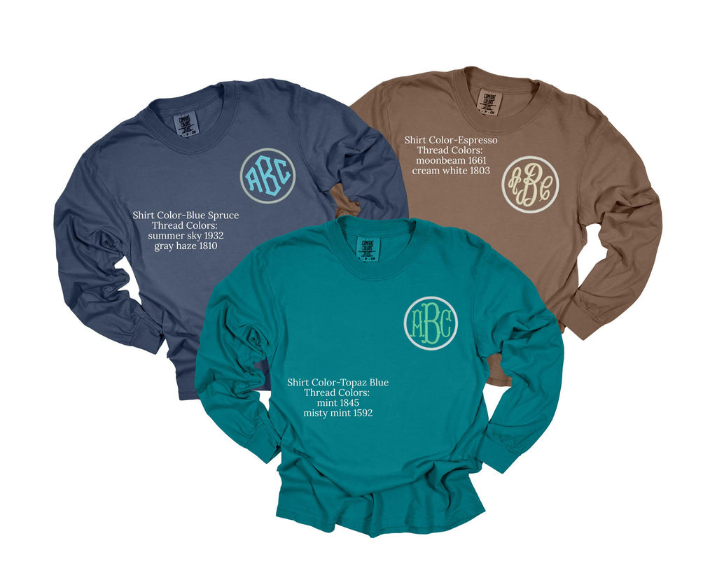 Embroidered Monogrammed Comfort Colors Long Sleeve Shirt – Personalized Vintage Wash Tee