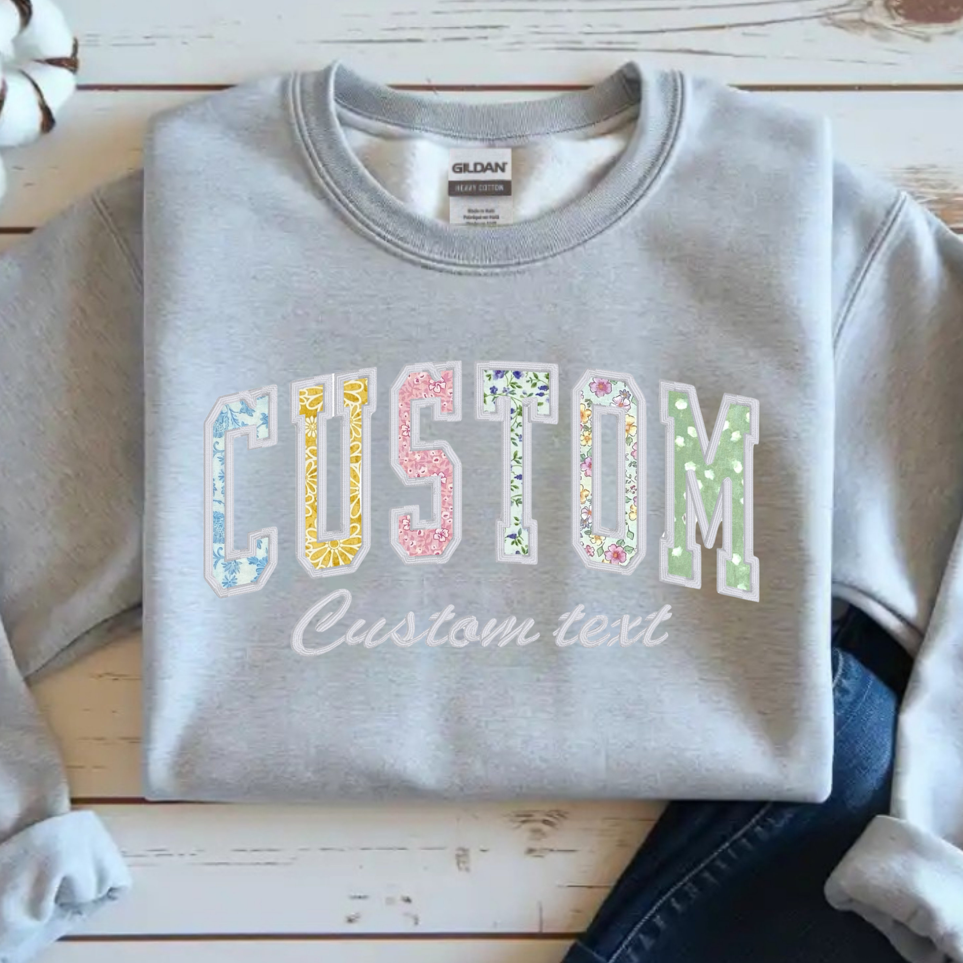 Personalized Embroidered Floral Print Varsity Style Applique Sweatshirt for women