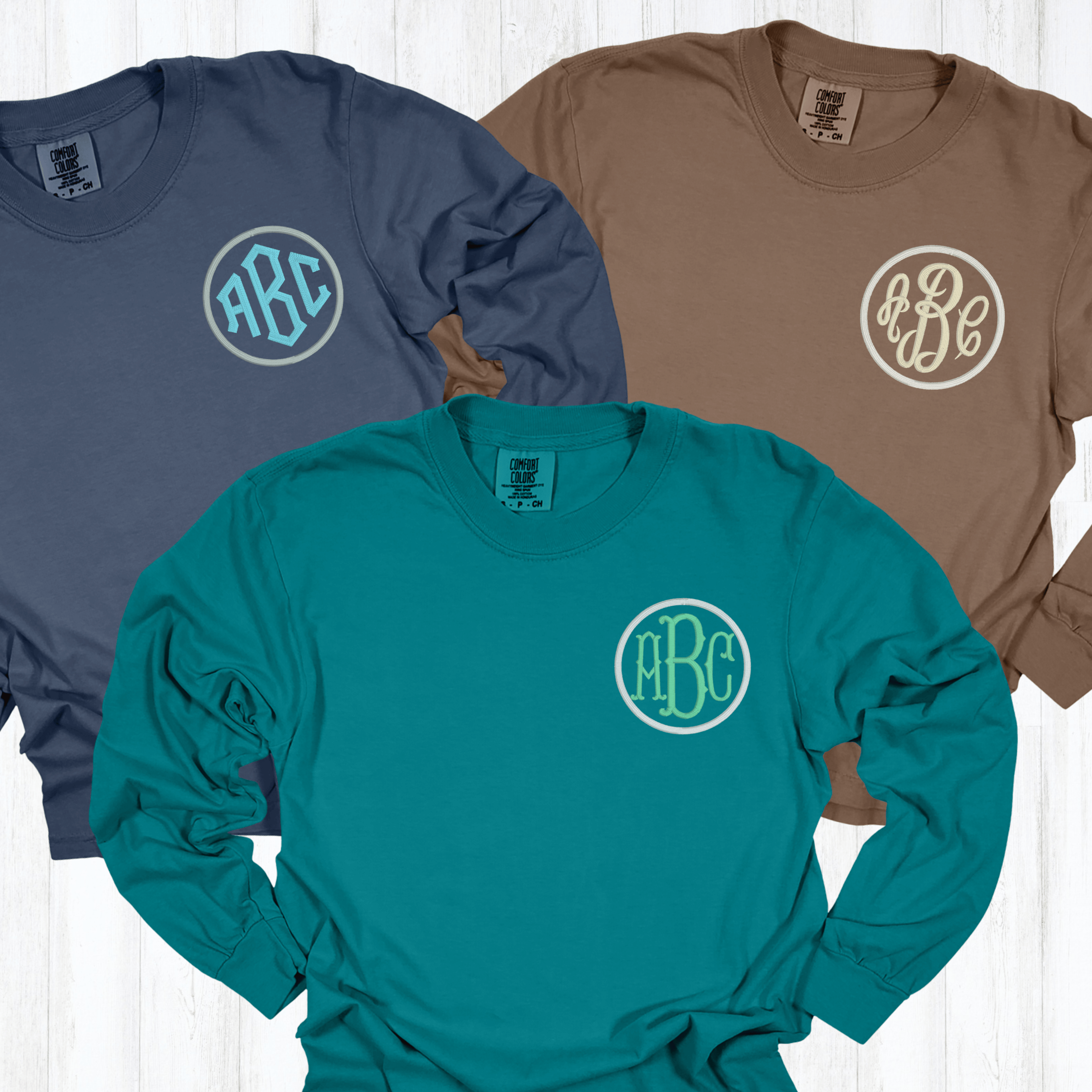 Embroidered Monogrammed Comfort Colors Long Sleeve Shirt – Personalized Vintage Wash Tee